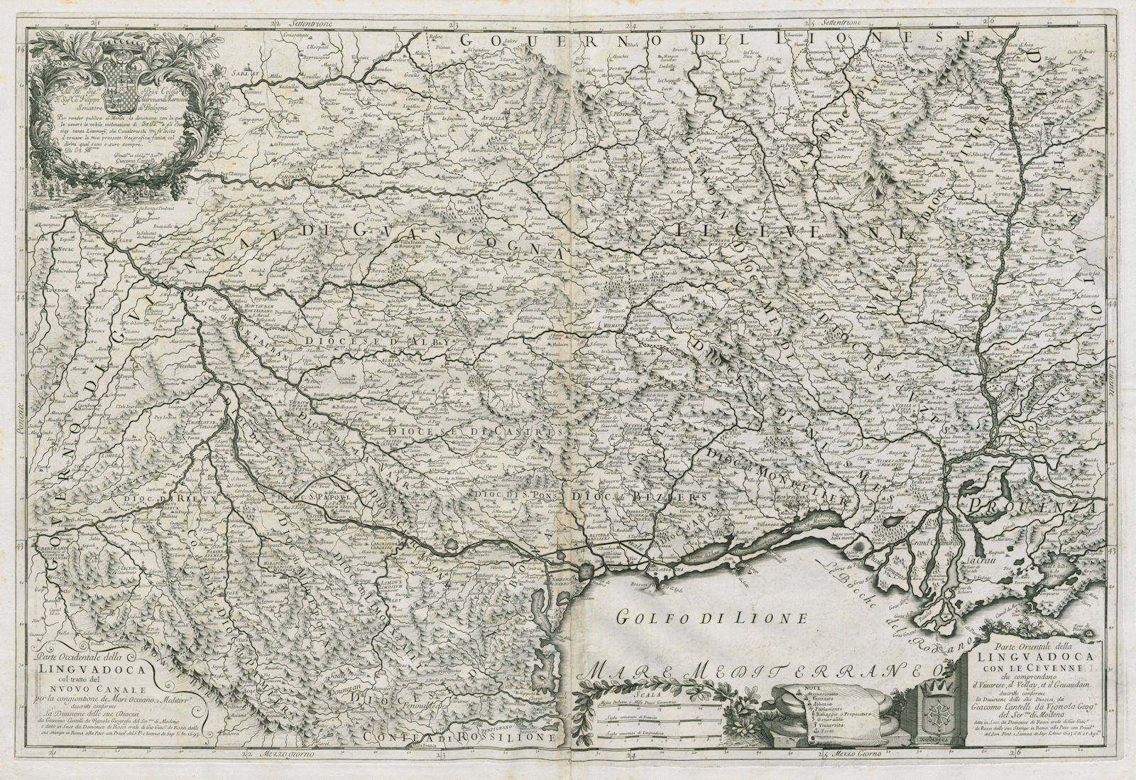 Linguadoca. Languedoc. Les Cévennes. SW France. DE ROSSI / CANTELLI 1693 map